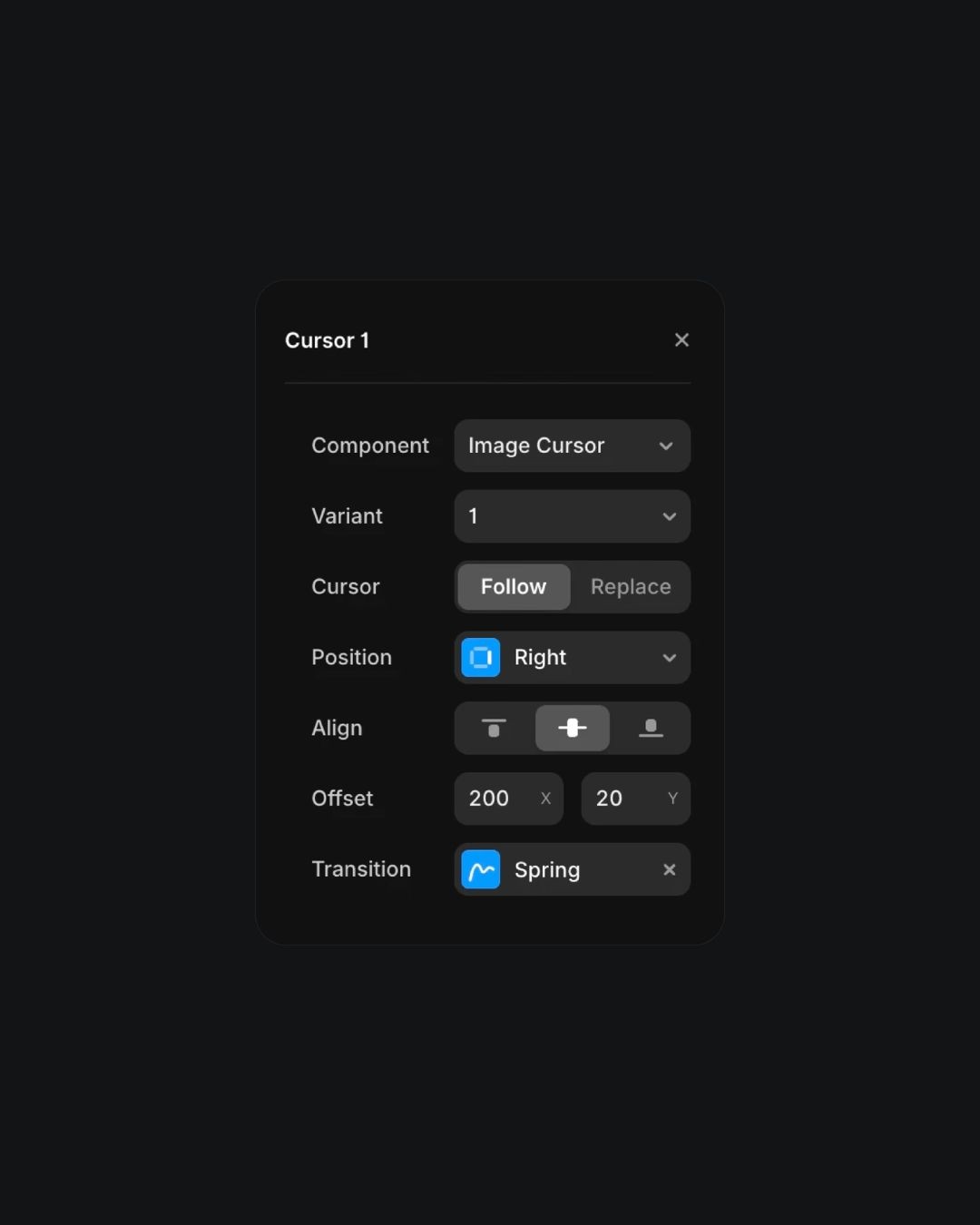 Cursor customization settings with follow and transition options in UI design