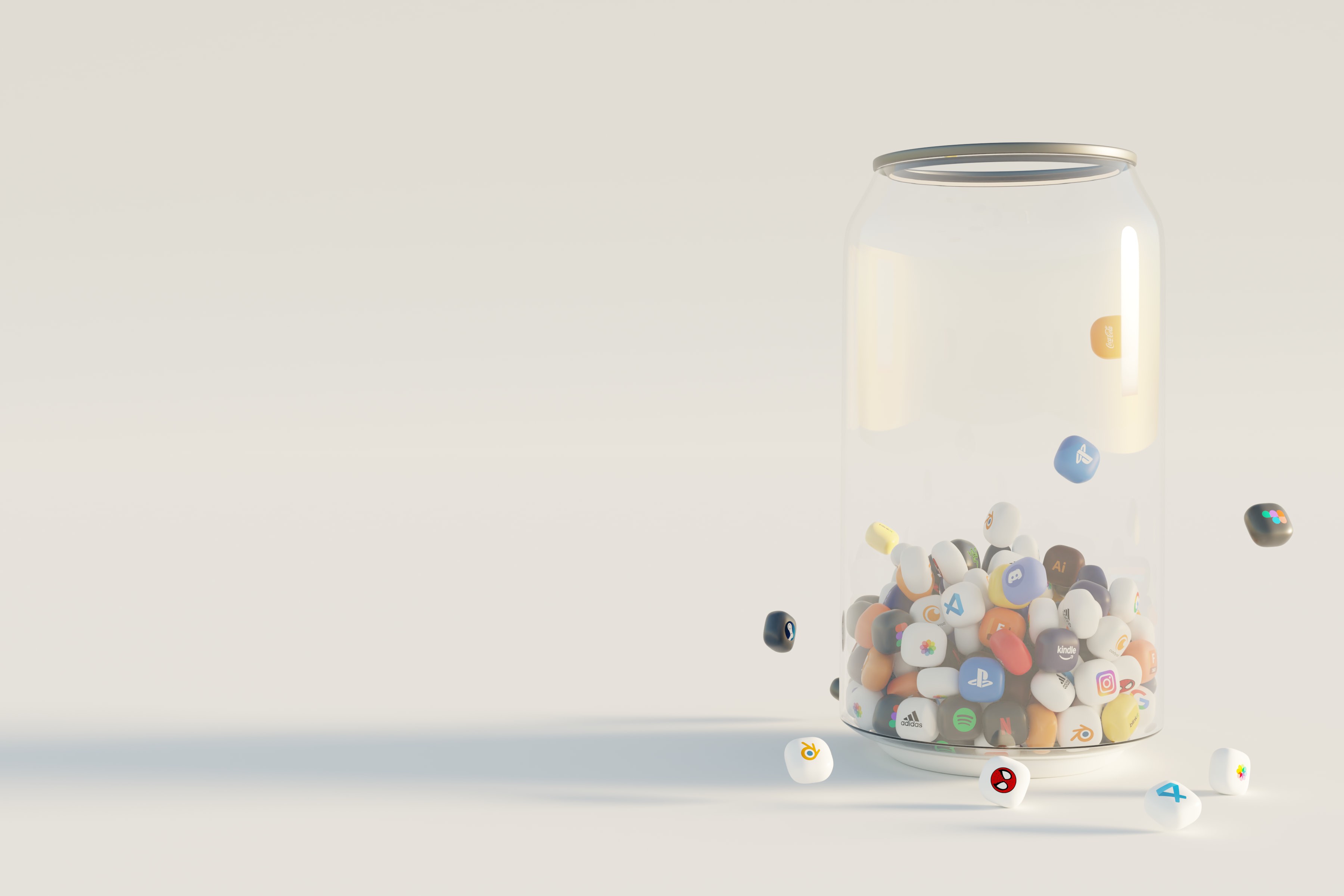 Abstract illustration of a jar pouring out various colorful shapes and elements on a light background.
