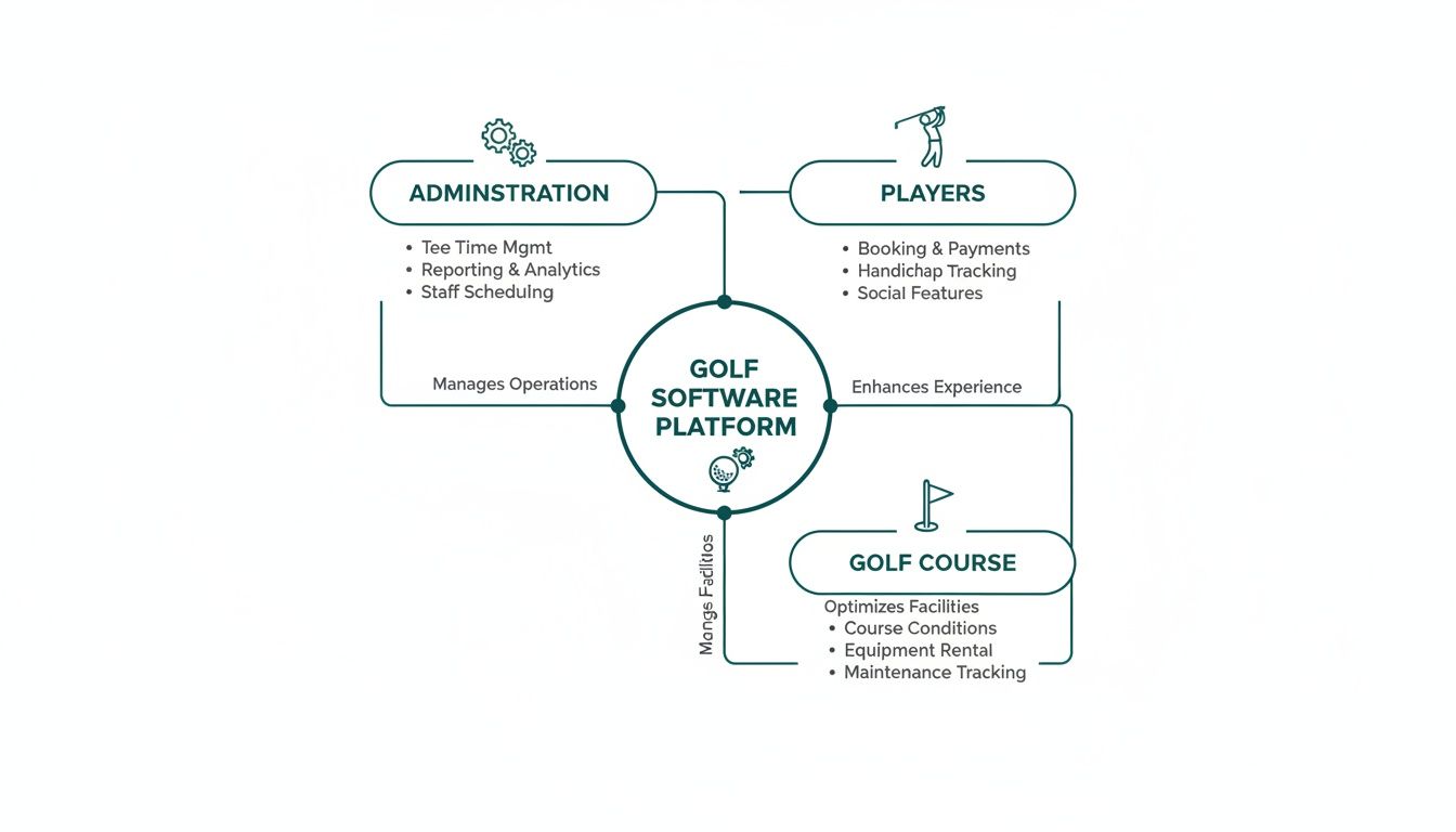 Diagram illustrating a golf software platform's features for administration, players, and course management.