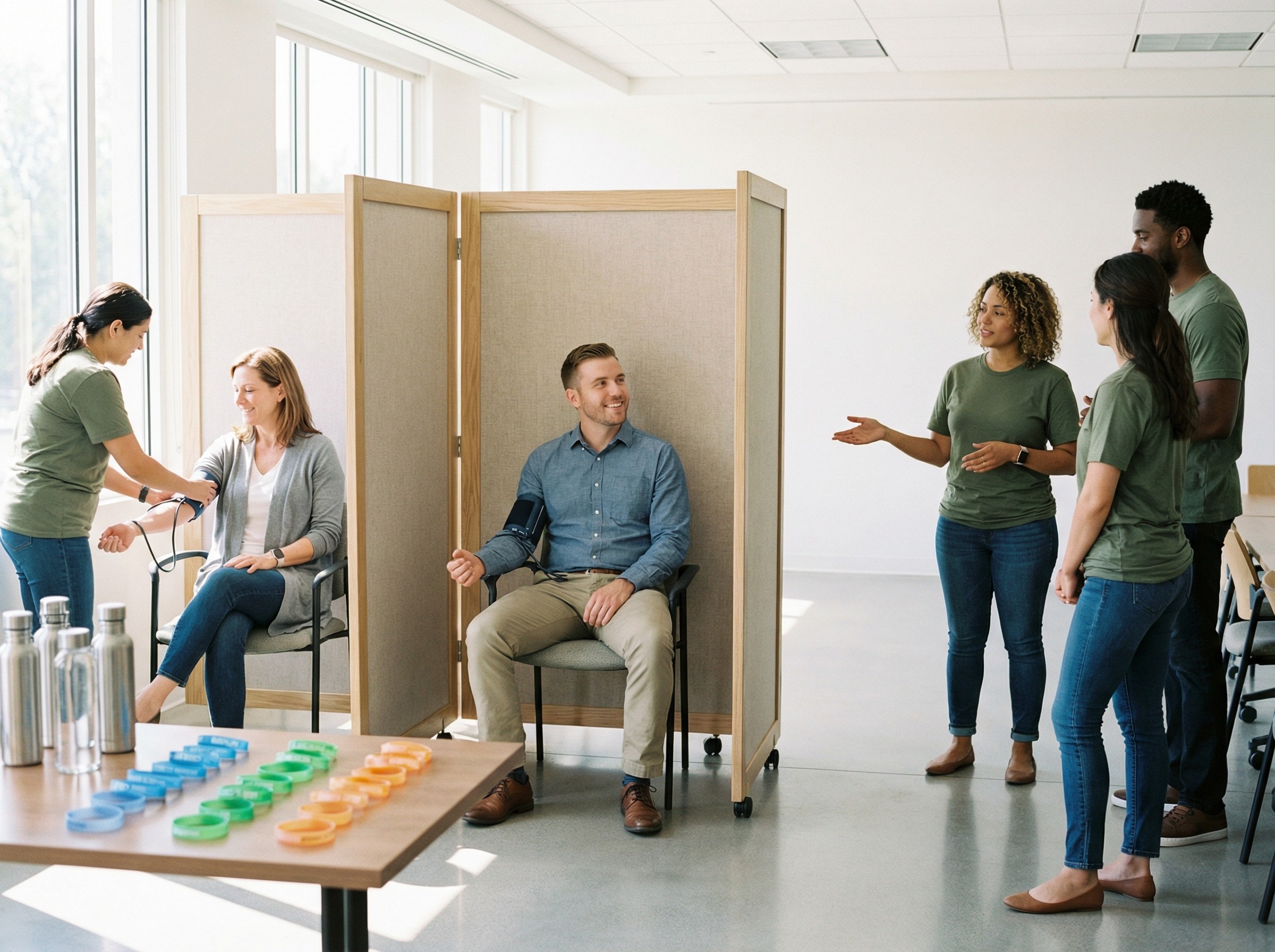 Ein Konferenzraum wurde zum Corporate Health Day umgebaut. Mobile Trennwände schaffen diskrete Stationen, zwei Mitarbeitende bekommen Blutdruck gemessen. Auf einem Tisch liegen farblich sortierte Armbänder bereit, daneben stehen Wasserflaschen. Ein Team in einheitlichen T-Shirts weist freundlich den Weg zur nächsten Station.