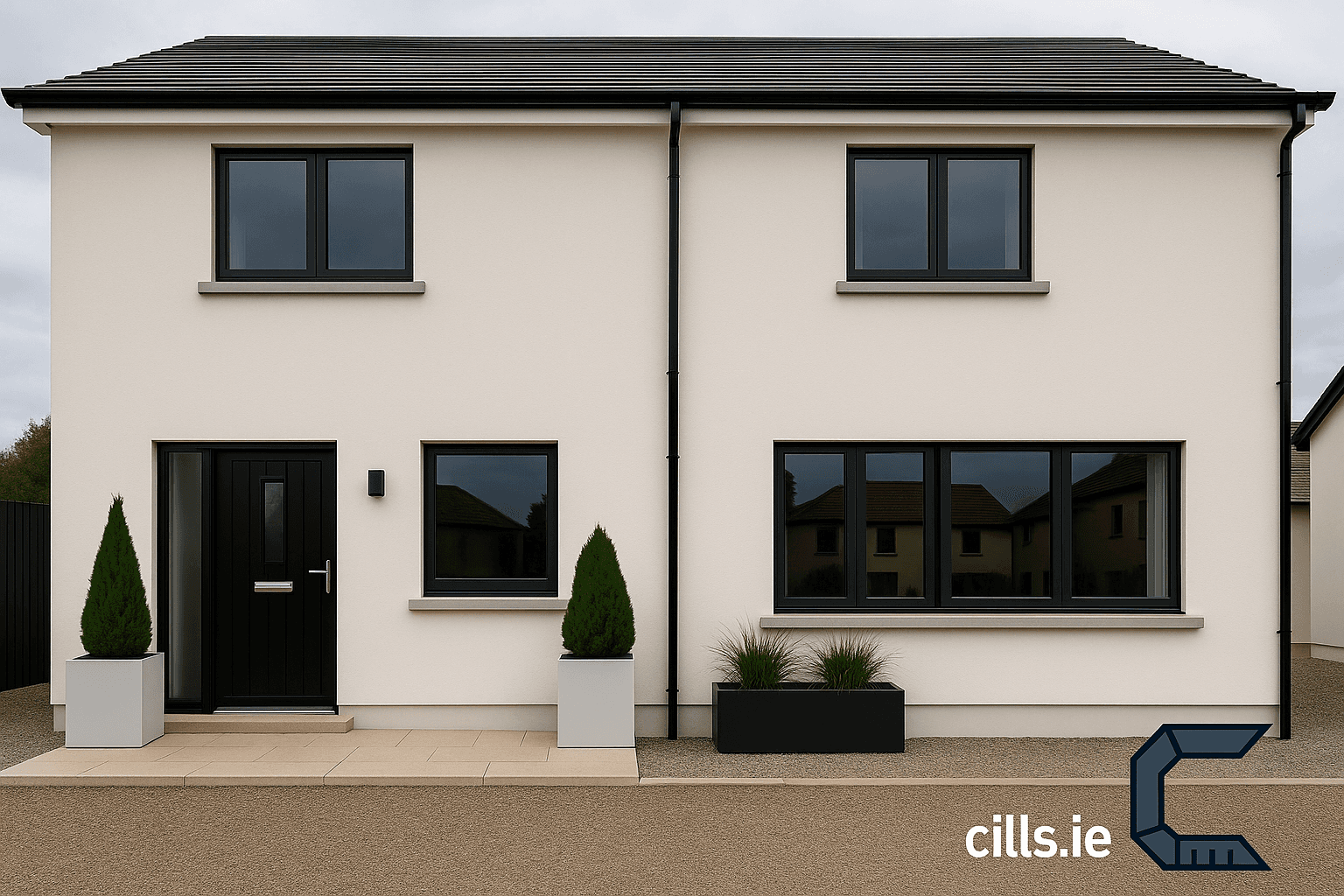 A minimalist architectural model featuring a series of interconnected, light-colored rectangular forms.