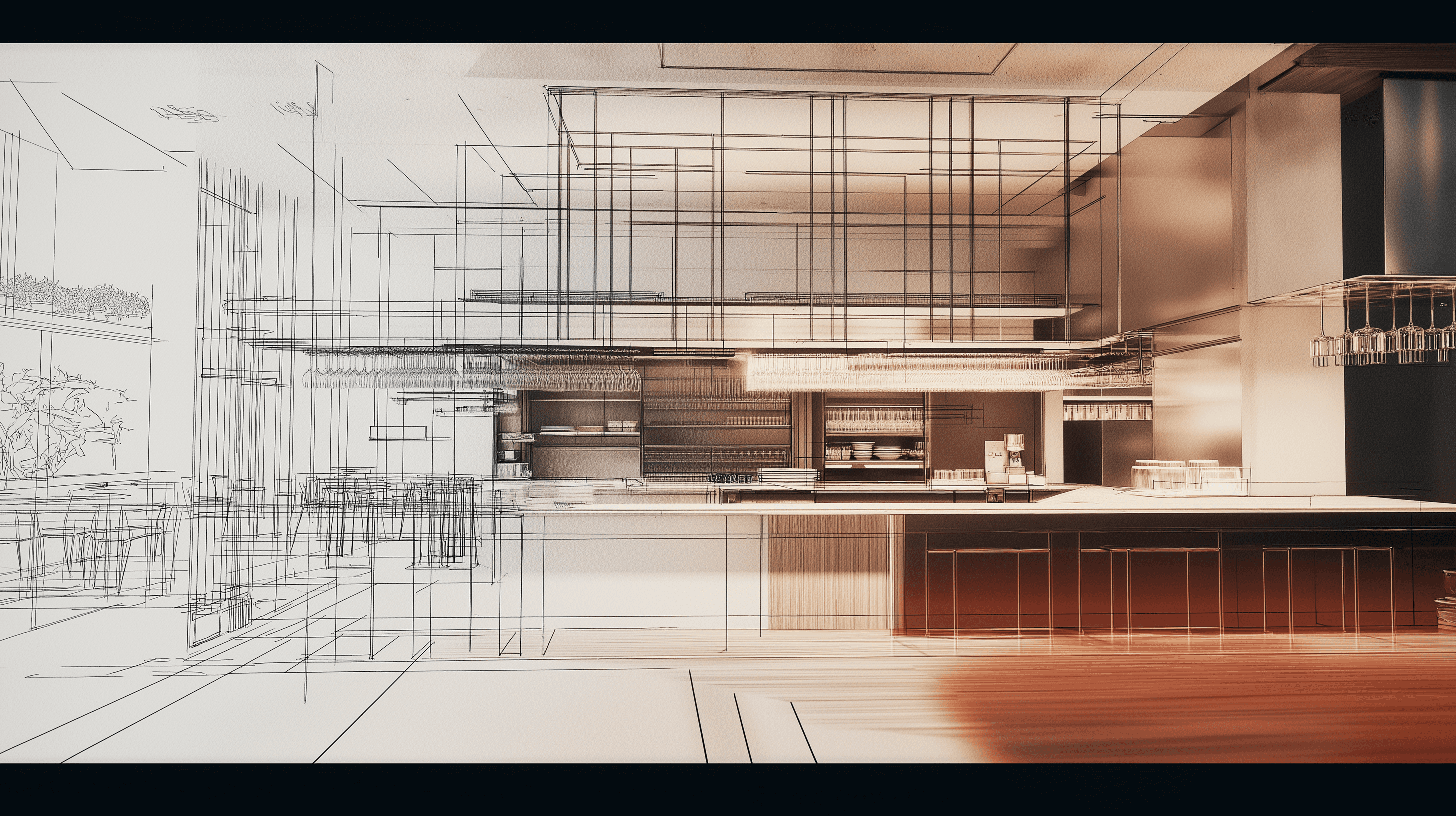 A photograph that depicts a commercial restaurant or bar overlaid with technical architectural schematics.