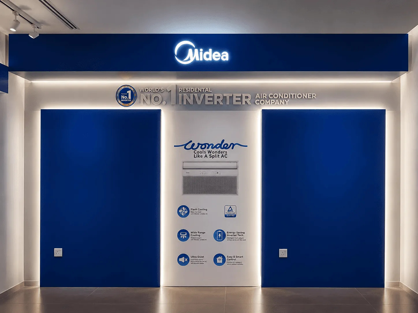 Midea air conditioner display wall with illuminated blue panels and product feature graphics