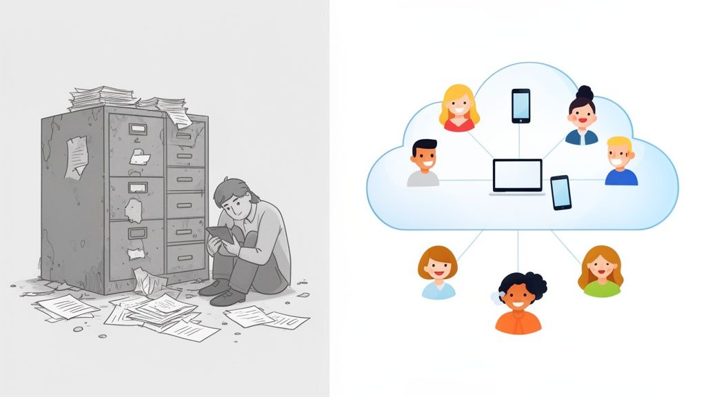 Contrast of traditional paper-based document management versus modern cloud-based digital collaboration.