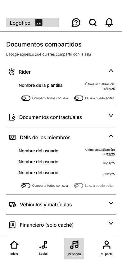 Wireframe de app para músicos