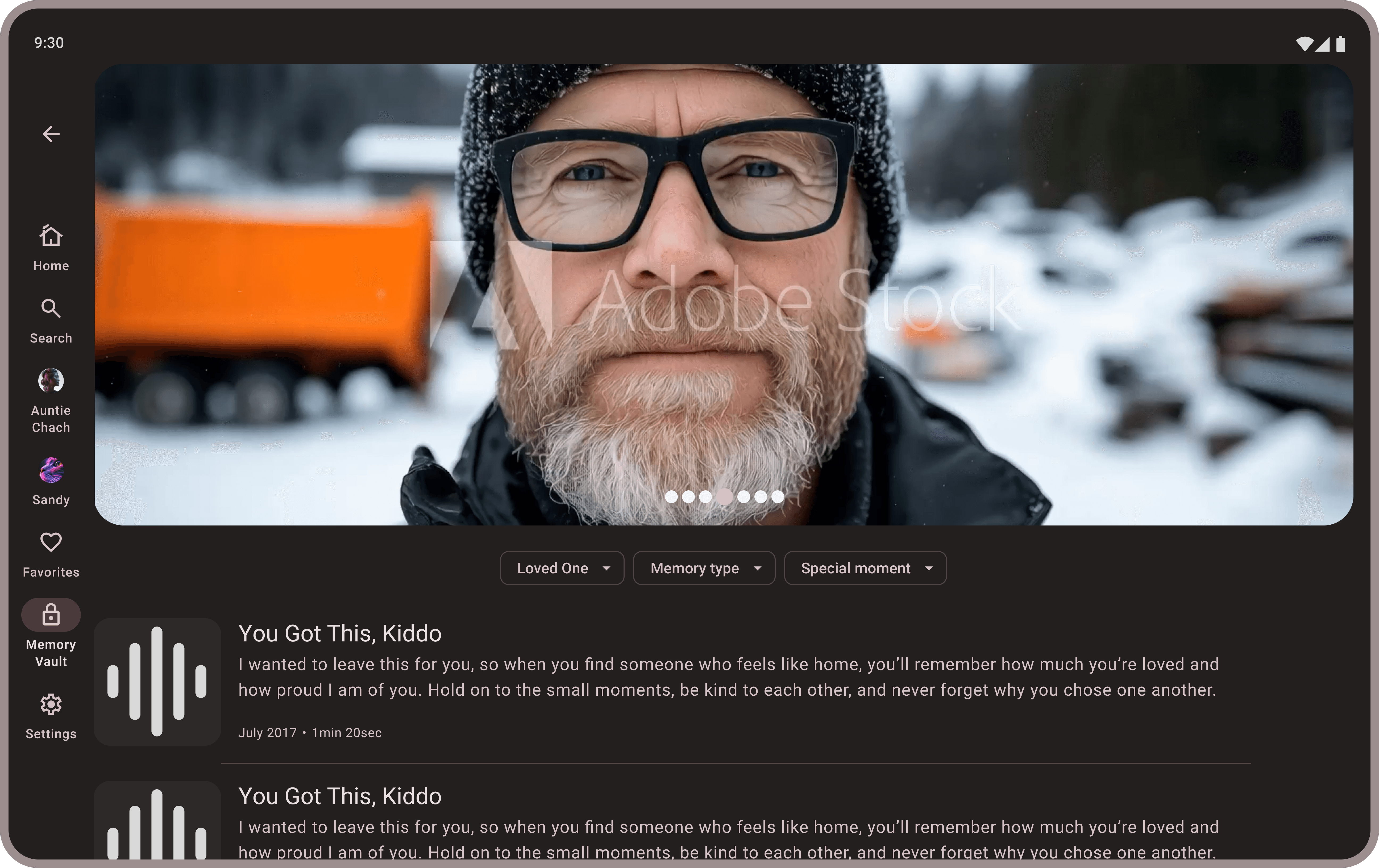Digital wireframes for the Remembrance app featuring high-fidelity elements like photos, audio players, and a candle-lit login screen on a dark UI.