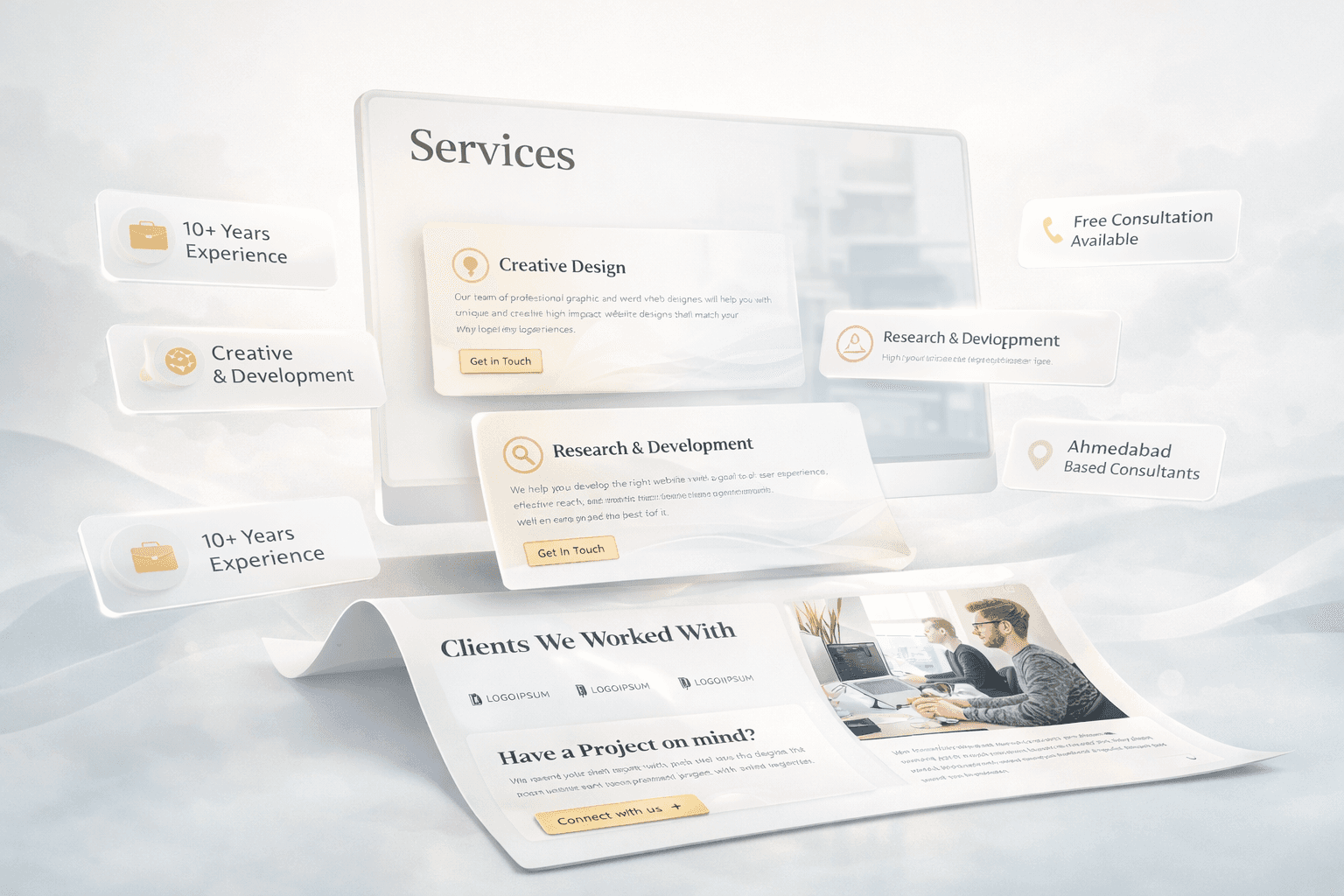 This section of the website clearly presents the company’s core services, including Creative Design and Research & Development, in a structured and professional layout. It highlights key strengths such as 10+ years of experience, consultation availability, and Ahmedabad-based expertise to build credibility and trust. The page also encourages user engagement with strong call-to-action elements and a client showcase, guiding visitors toward starting their project confidently.