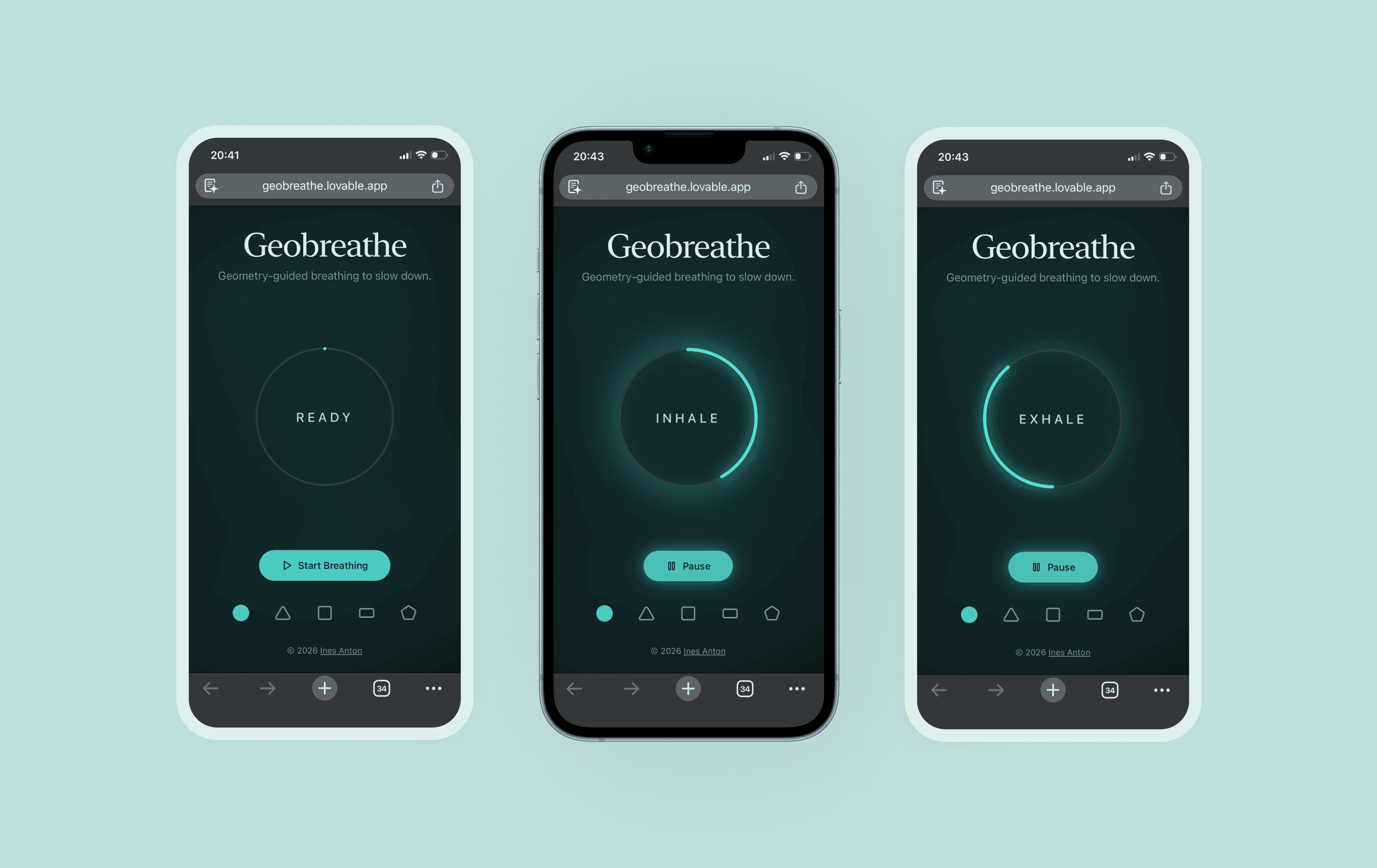 Three mobile screens of the Geobreathe app displayed side by side, showing a dark gradient interface with a circular breathing animation transitioning through “Ready,” “Inhale,” and “Exhale” states, along with start and pause buttons and selectable geometric breathing pattern icons.