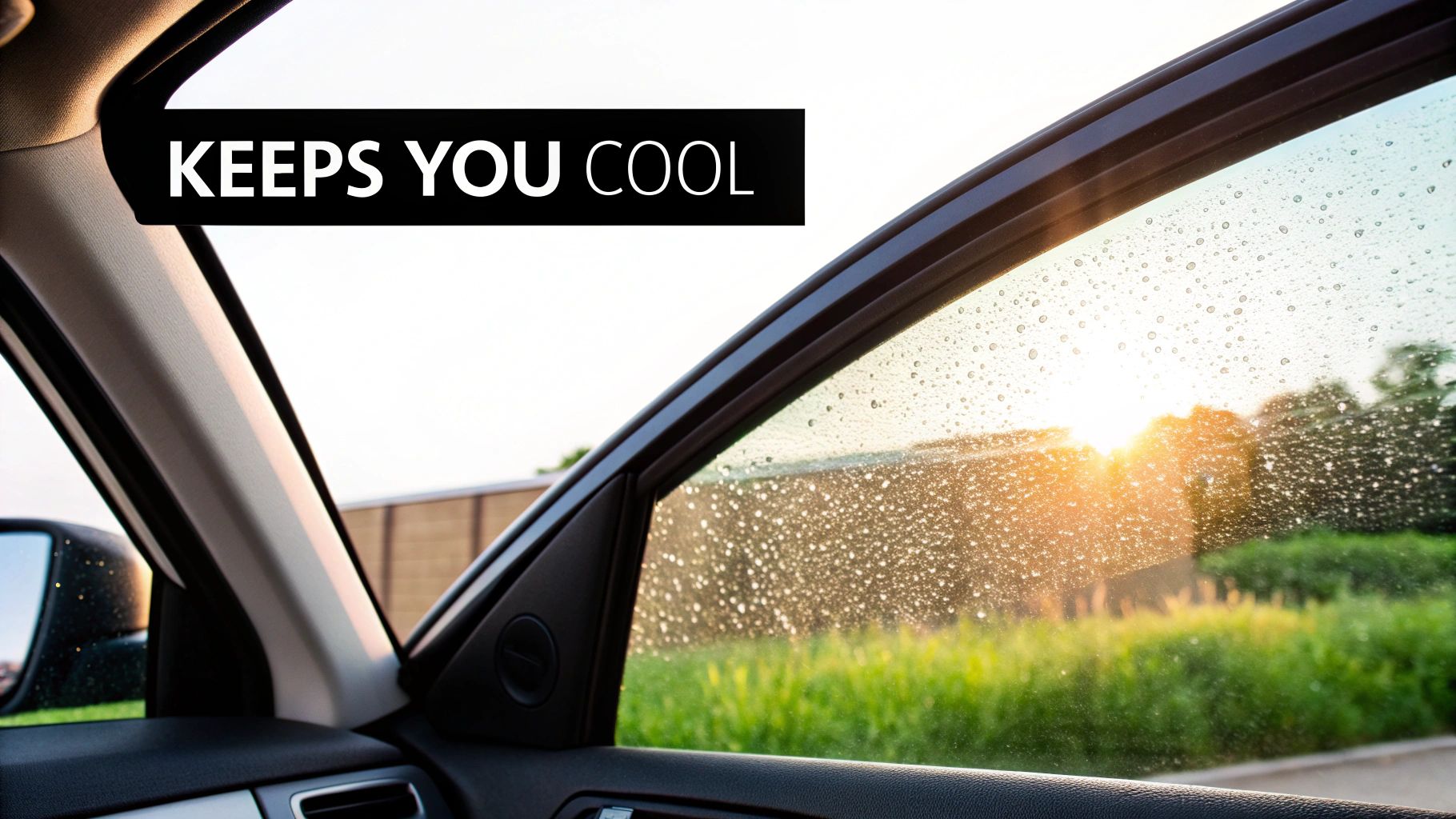 View from inside a car window with water droplets, a bright sunset, and text 'KEEPS YOU COOL'.