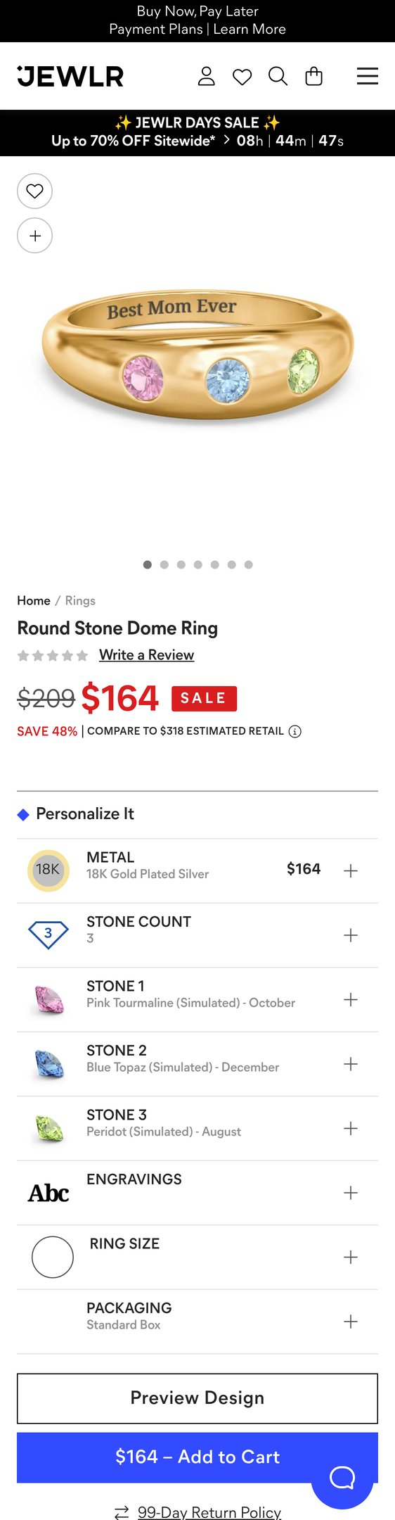 Jewelry product options include: ring for 18K Gold Plated Silver Round Stone Dome Ring from Jewlr.