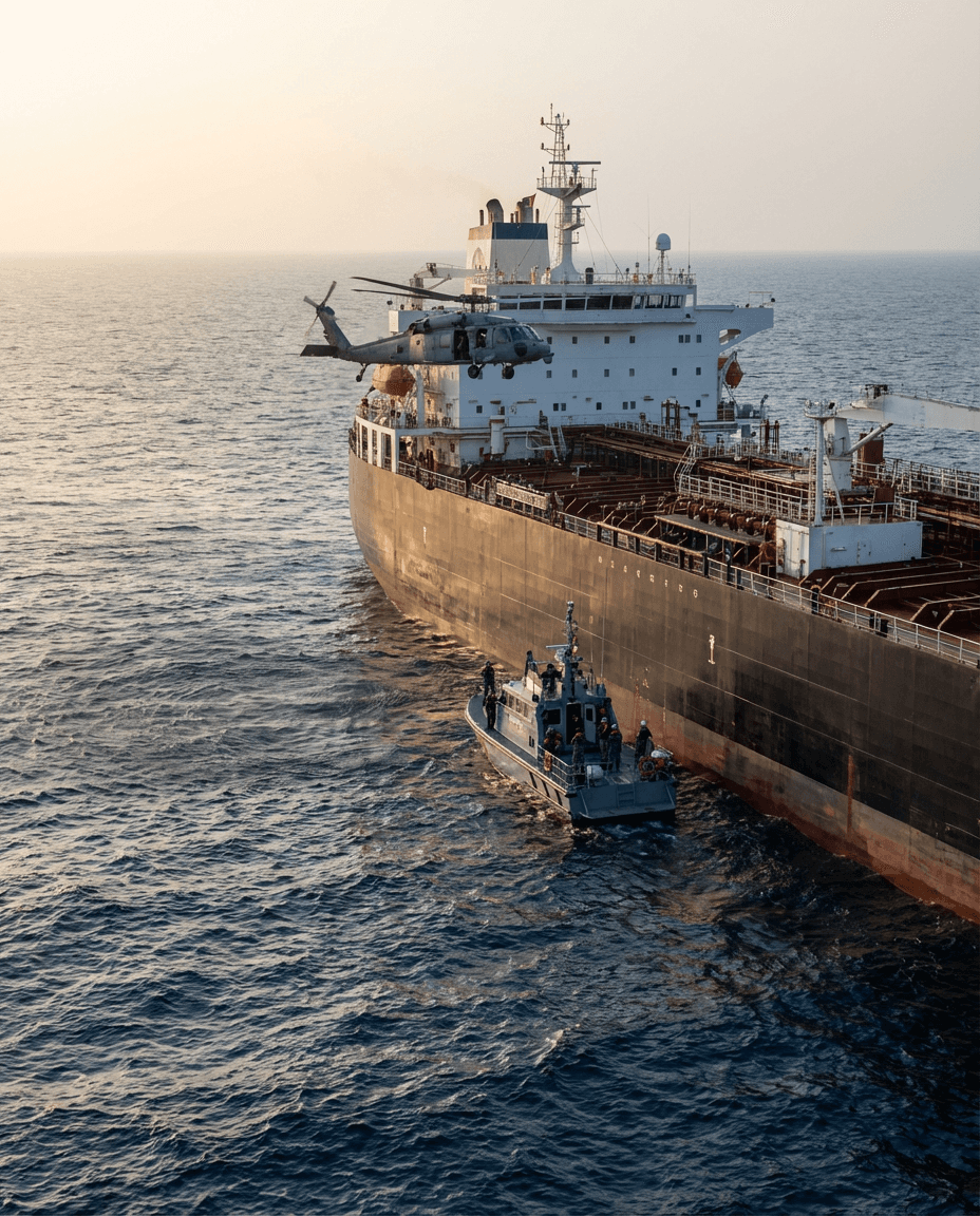 Large oil tanker at sea under investigation.