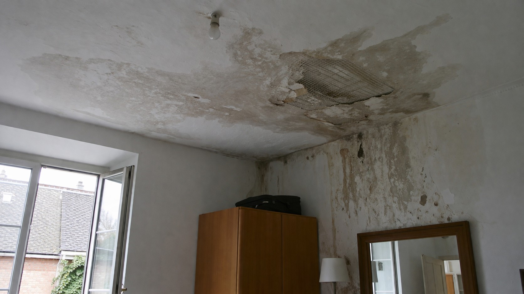 Fuite de toit après un orage dans une chambre avec plafond abîmé, traces d’humidité, peinture décollée et infiltration d’eau sur le mur intérieur