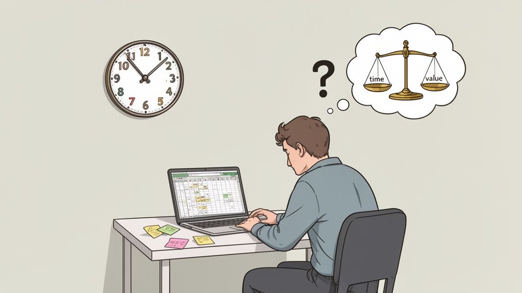 A man works on a laptop, contemplating the balance between time and value, with a clock visible.