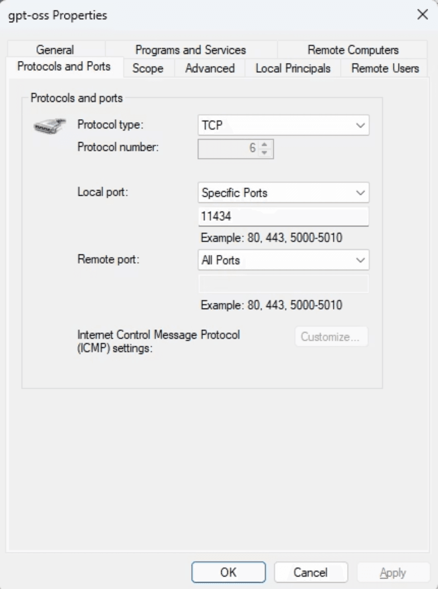 A GPT-OSS Properties dialog window showing Protocols and Ports configuration settings with TCP protocol, port 11434, and ICMP settings options.