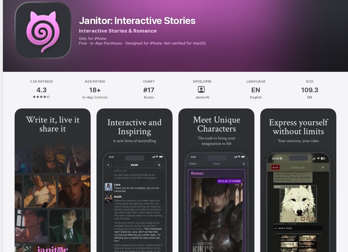 “Janitor: Interactive Stories” on the Apple App Store, rated 18+, September 2026.