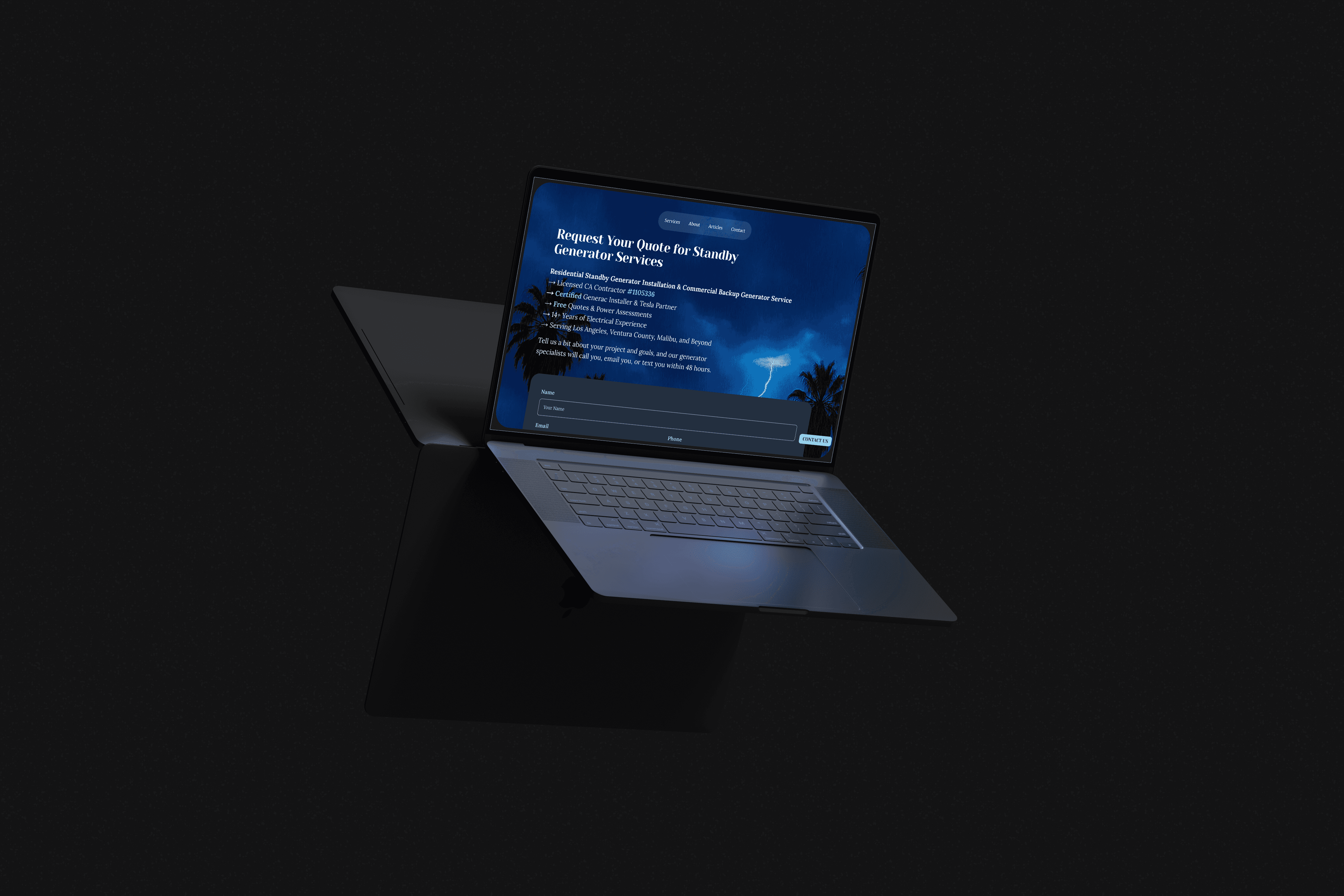 a floating laptop in a dark studio setting showcasing a website