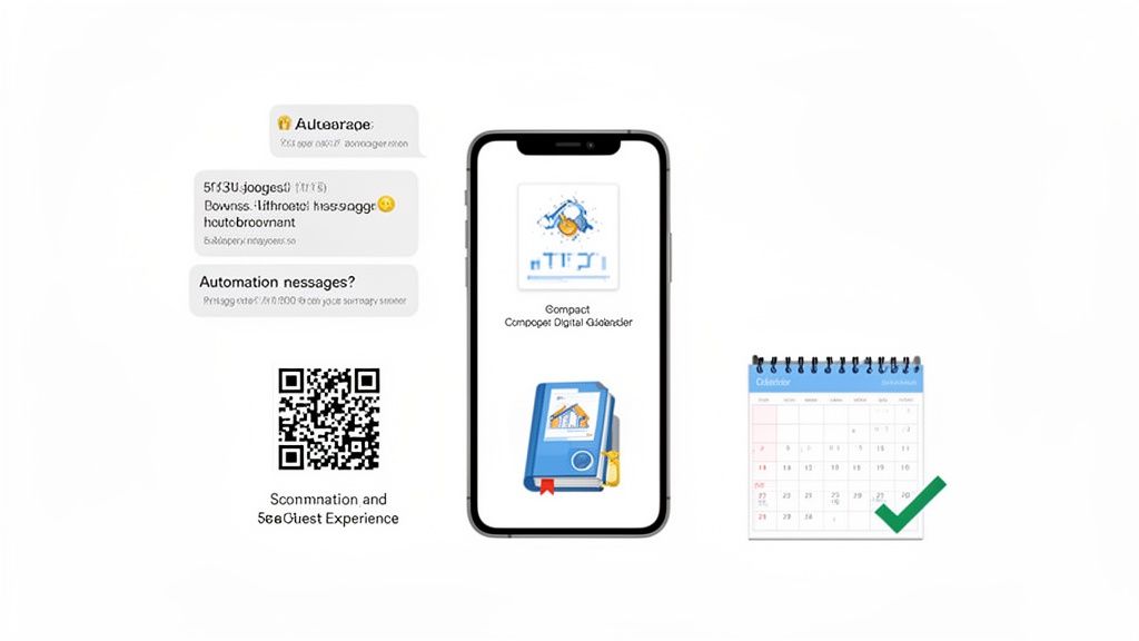 A smartphone displaying an app, a calendar with a green checkmark, message bubbles, and a QR code, representing various digital tools.