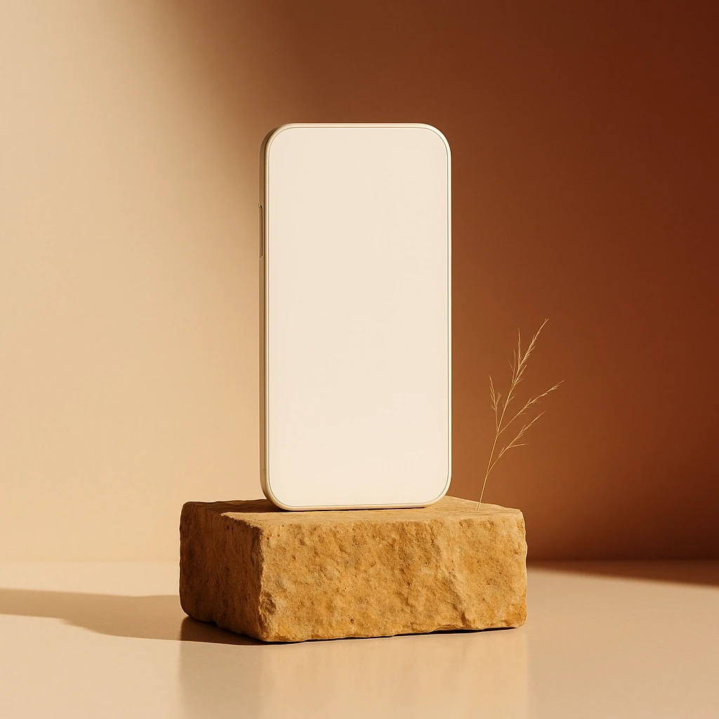 Clean white smartphone mockup placed prominently on a low, rough ochre stone pedestal, highlighting its rich mineral grain and porous texture. A single, delicate sprig of dried desert grass casts a subtle shadow on the stone to the right. Dramatic direct side lighting from the left creates deep, defined shadows and highlights the device's contours. The minimalist background is a seamless gradient from warm beige to muted red, with a soft, diffused glow. The composition is a wide-angle editorial shot from a slightly low angle, emphasizing scale and raw elegance. Photography studio quality, high resolution, sharp focus on the phone.