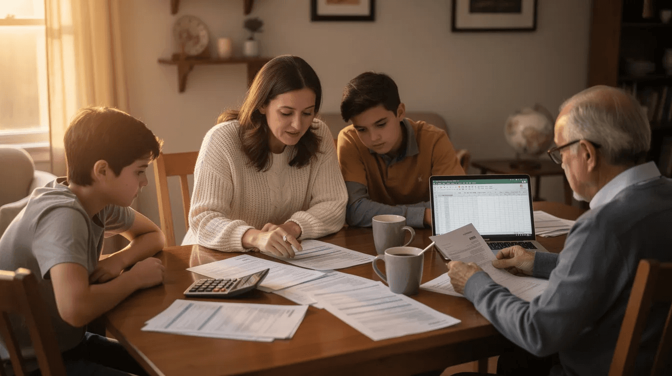 A family is gathered around a dining table, reviewing financial documents and discussing their budget and savings. They appear to be considering the 24 hour rule, reflecting on how waiting before making unplanned purchases can help them manage their finances better.