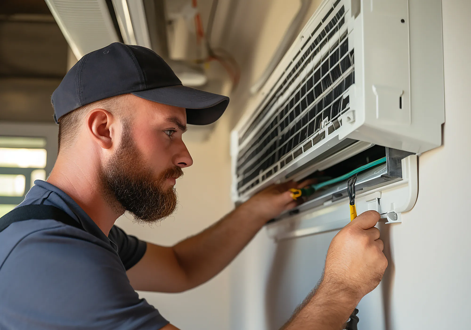 Male HVAC technician in a baseball cap carefully installing wiring for a ductless wall-mounted air conditioner.