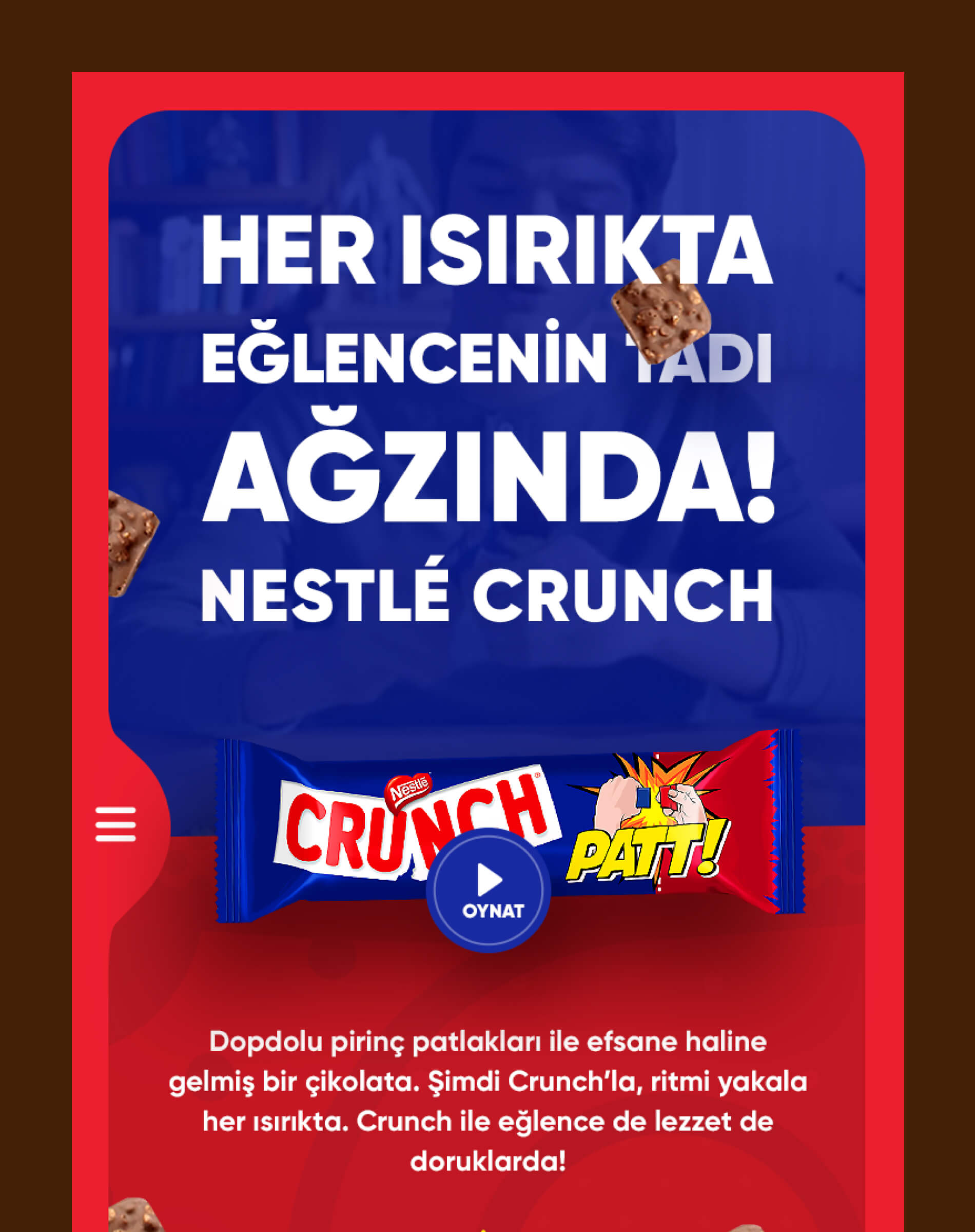 Mobile Cikolatam.com homepage with Nestlé Crunch bar, comic-style design, energetic typography, and bold call to action.