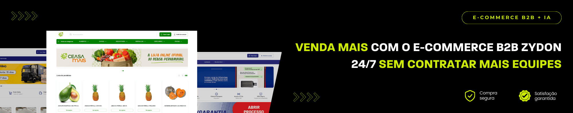 Banner horizontal com fundo escuro, ícones de segurança e satisfação, e imagens de lojas B2B exibidas à esquerda. Elementos gráficos em verde destacam o tema de e-commerce B2B com IA.