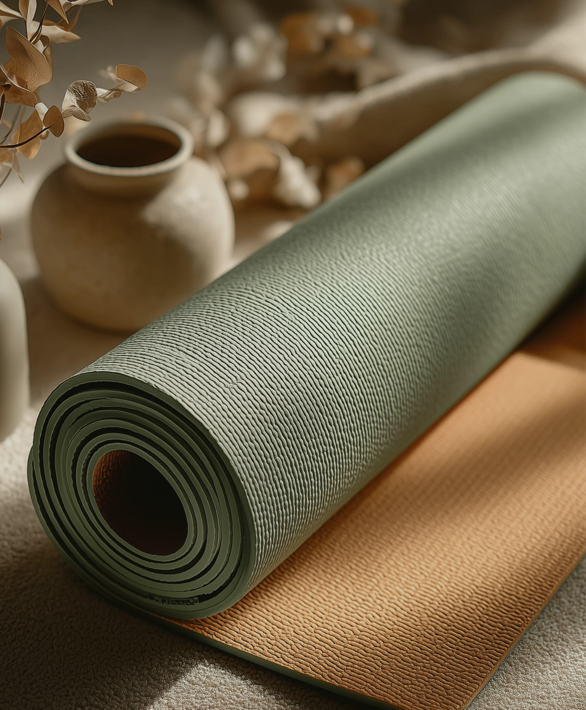Rolled green yoga mat on a textured surface with soft natural light and minimal wellness setting