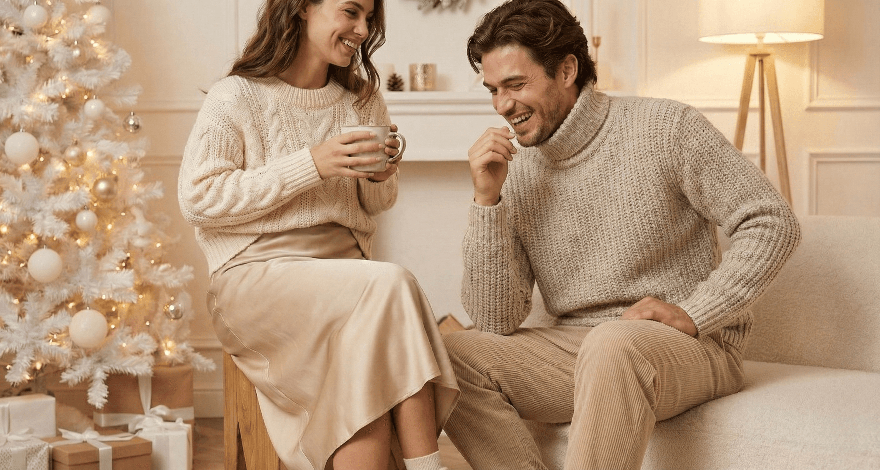 Minimalist Christmas fashion ensemble in beige, soft gold and cream layers designed for people who prefer subtle holiday dressing rather than the usual bright red and green combinations