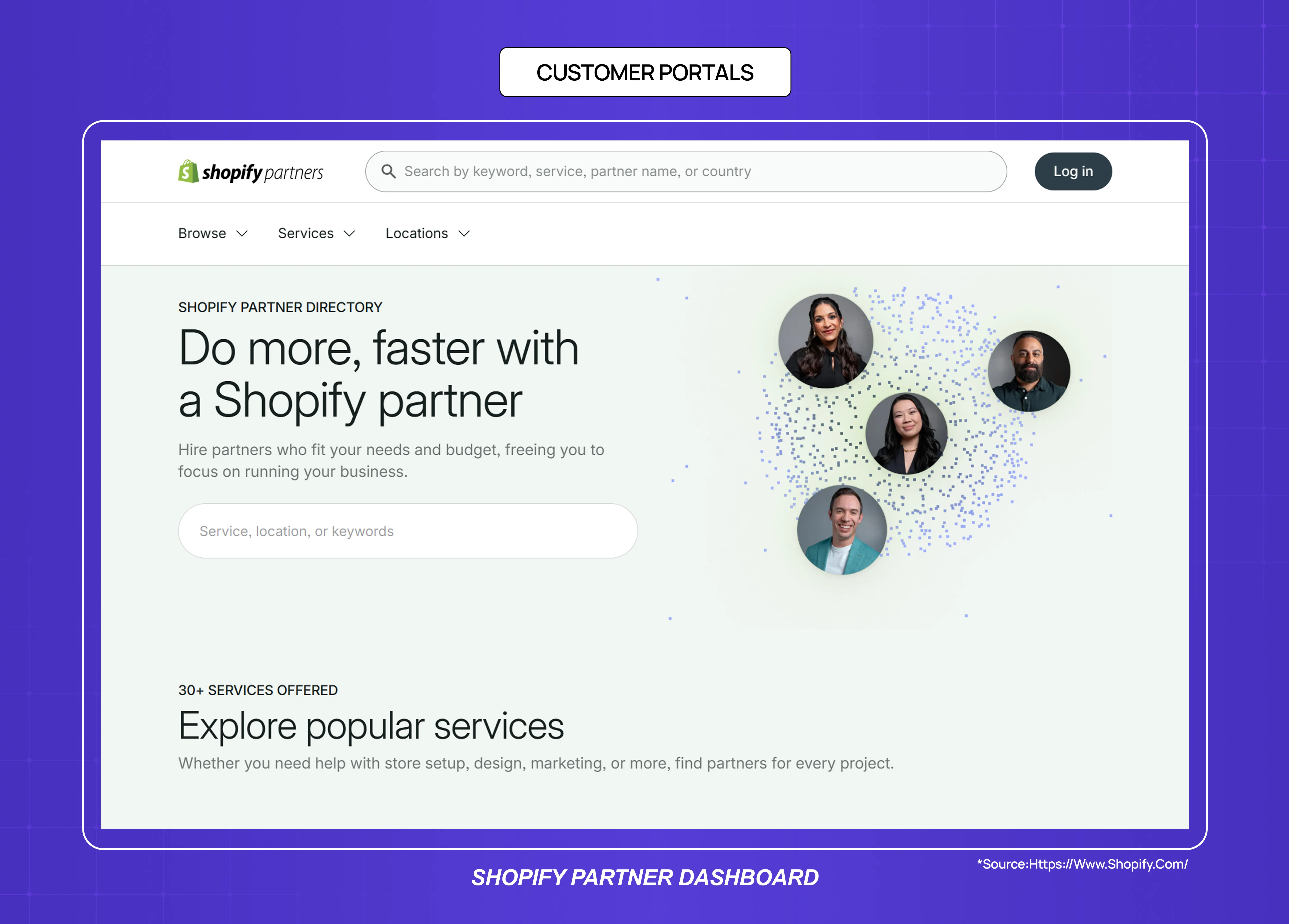 Shopify Partner Dashboard customer portal interface with partner search, service discovery, and professional networking features.