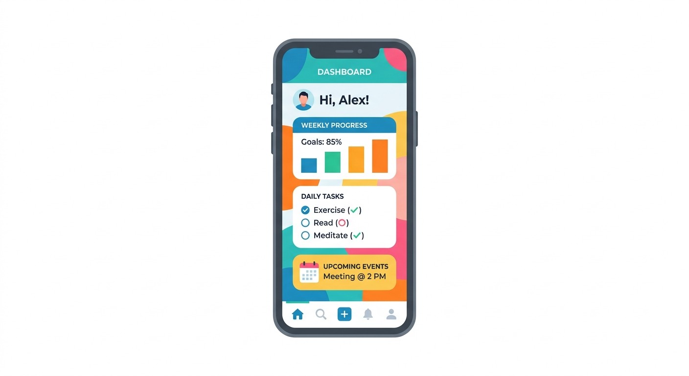 Flat illustration of a smartphone displaying a colorful mobile app interface representing the concept of building apps with a visual tool