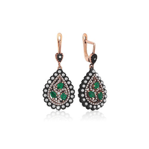 0.89 Karat Zümrüt Taşlı Elmas 8 Ayar Beyaz Altın Küpe