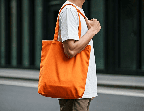 A man with a orange bag