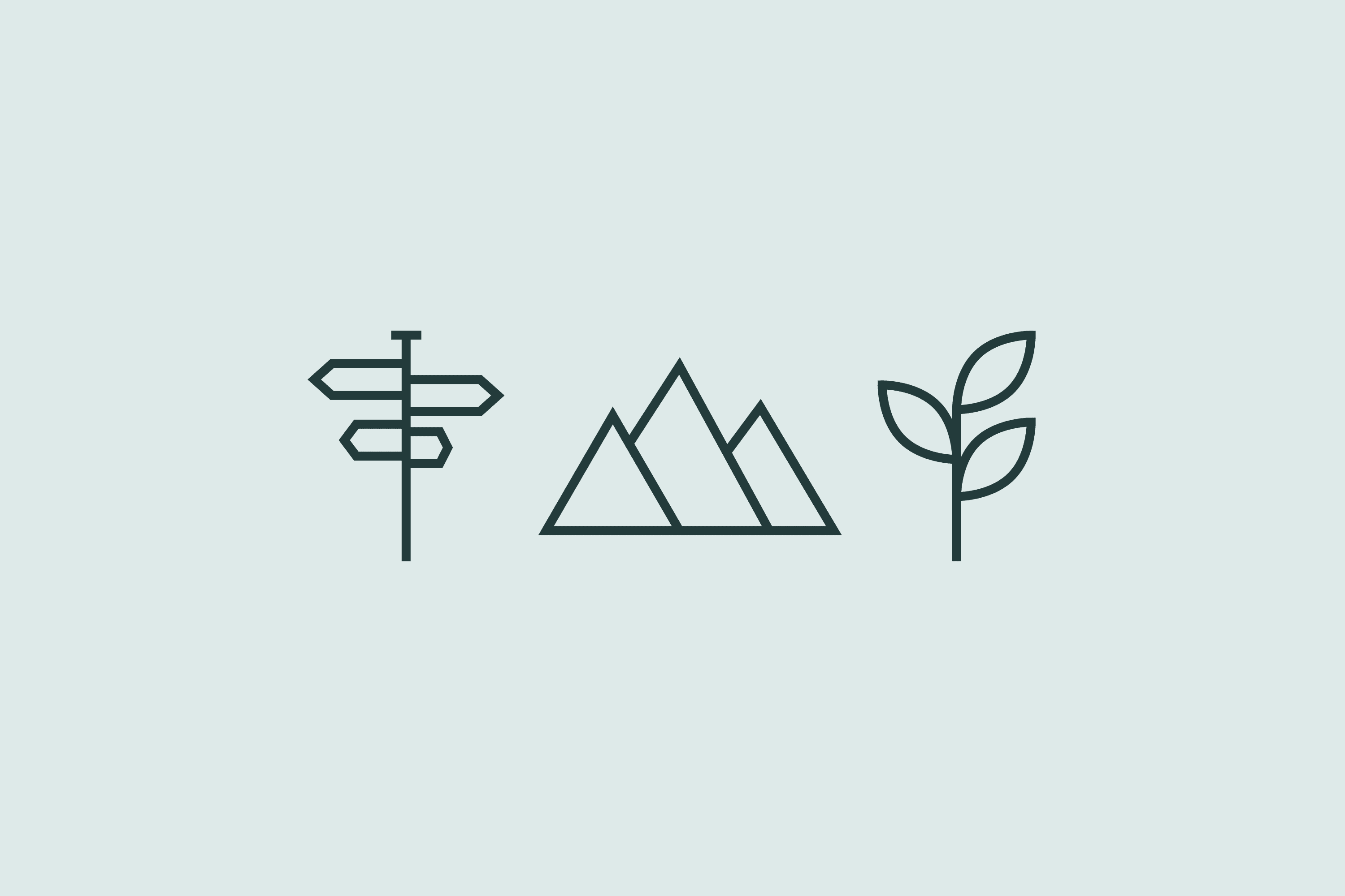 Signpost, mountains, and plant icons.