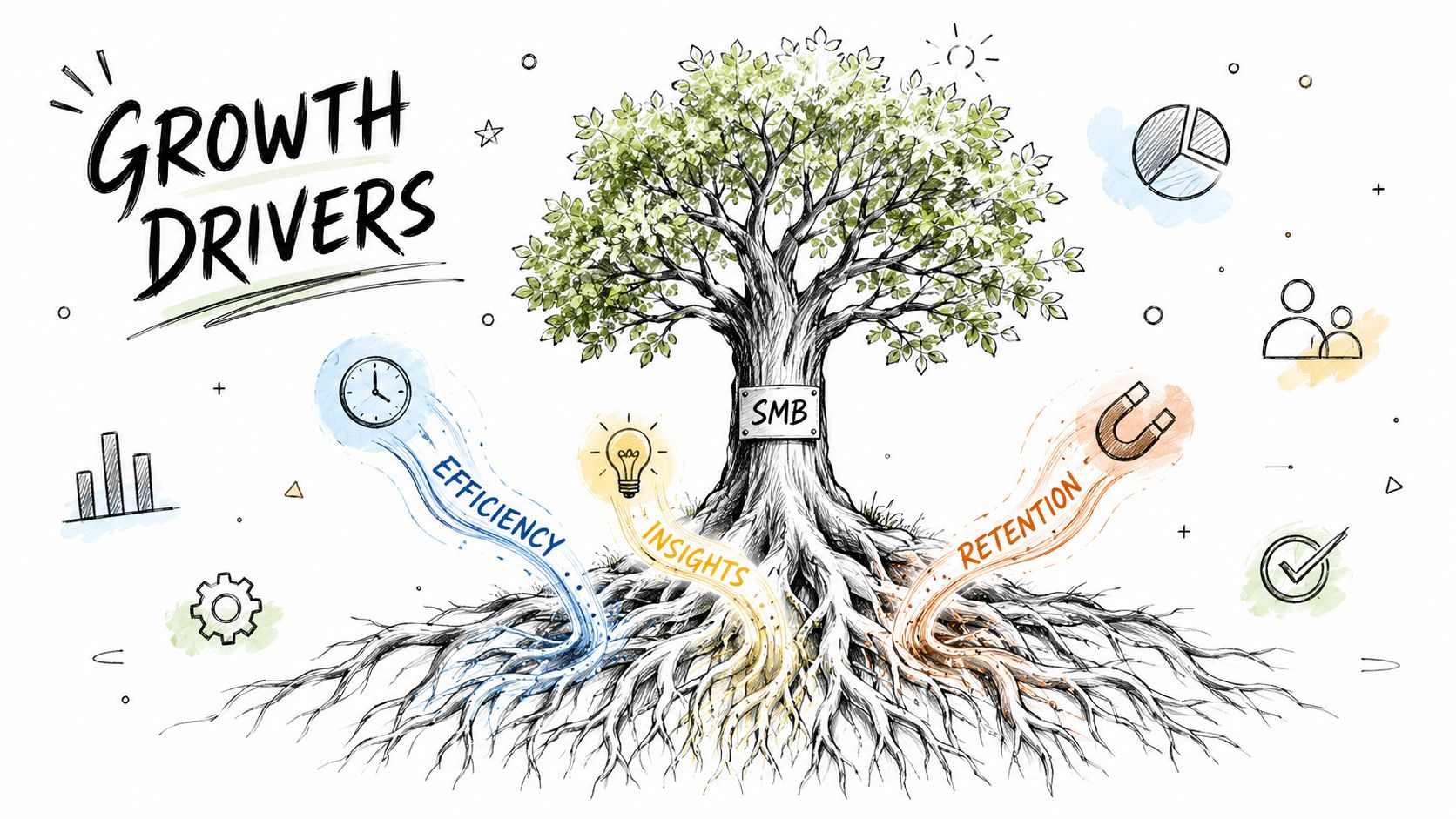 A hand-drawn illustration showing a tree representing SMB growth driven by efficiency, insights, and customer retention.