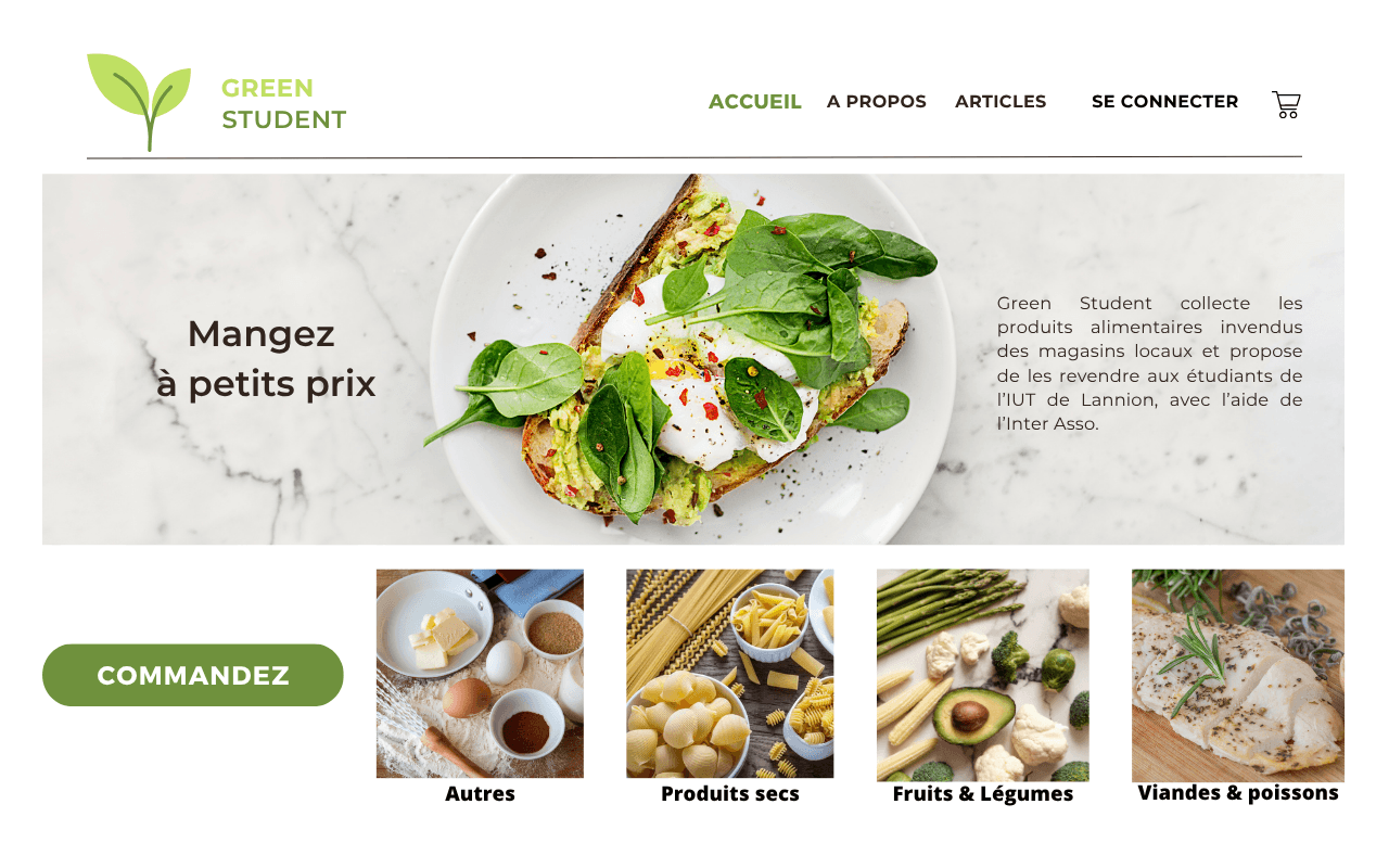 Green Student website homepage - affordable food platform for students at IUT Lannion selling unsold local products
