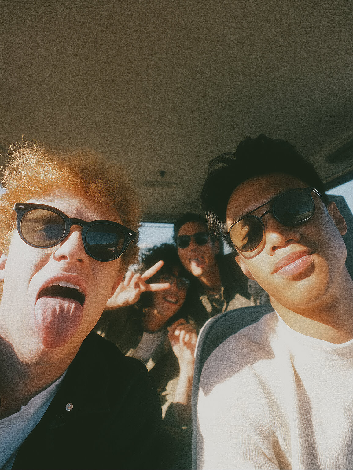 Friends laughing and posing inside a car