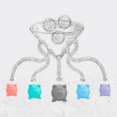 Portada de Fondos de pensión de contribución definida colectiva, estudio de IdeaPaís, mostrando un embudo que lleva monedas hacia distintos chanchitos de greda. 