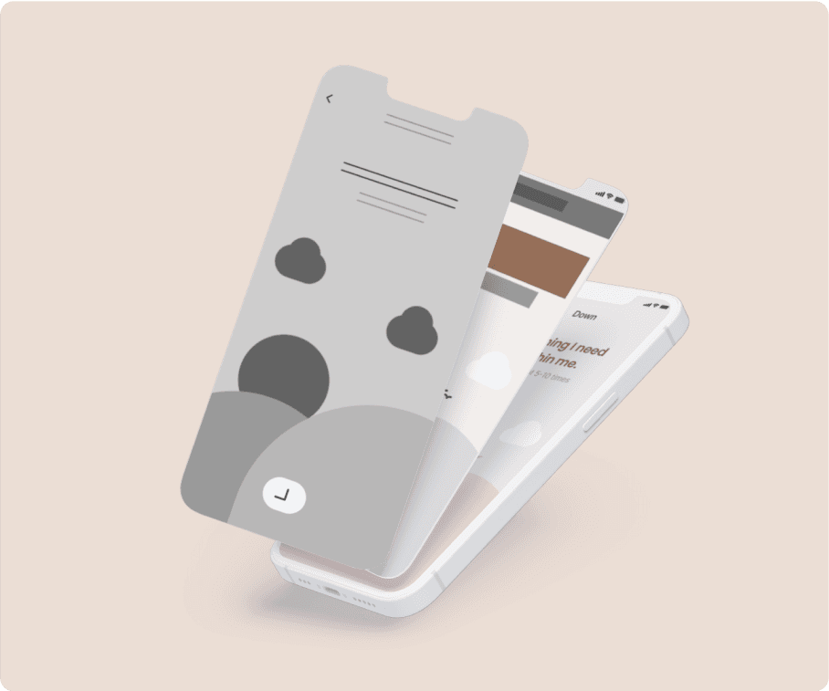 Initial wireframes for a wellness app, displaying basic layout and design structure for tracking health metrics, fitness goals, and self-care activities.