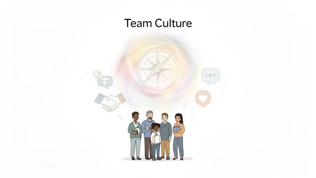 Illustration showing a diverse team under a compass with icons for communication, collaboration, and value, representing team culture.