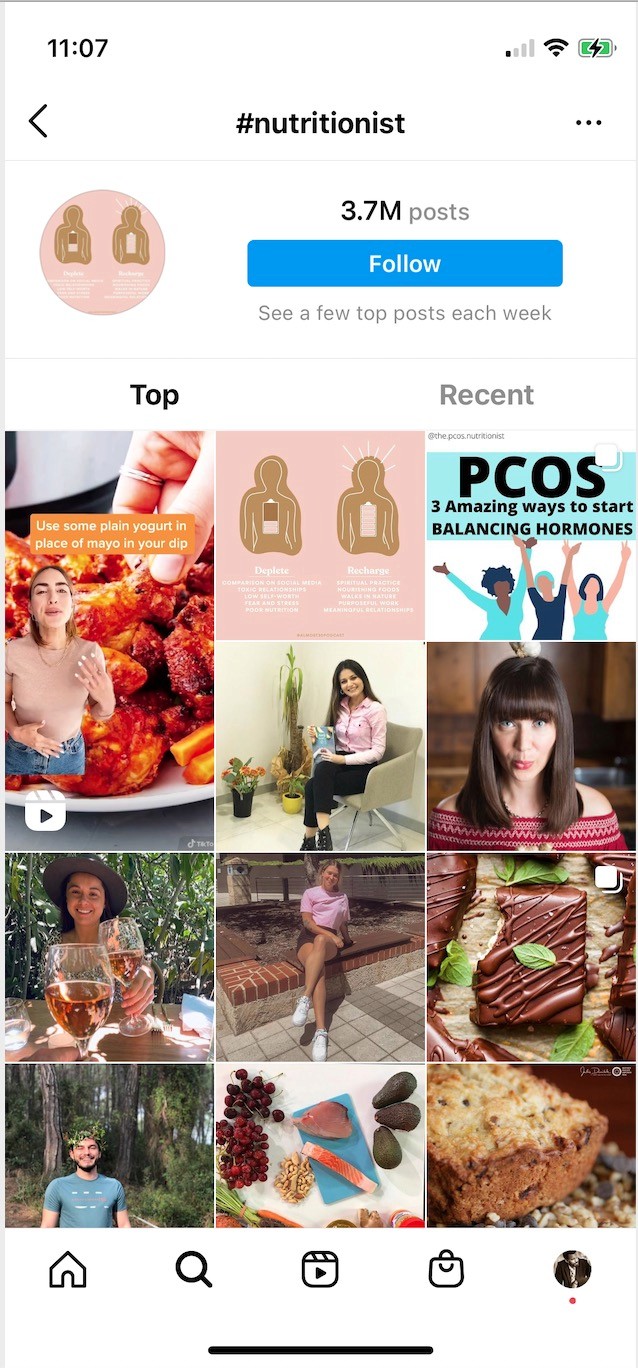 Instagram Explore page for nutritionist