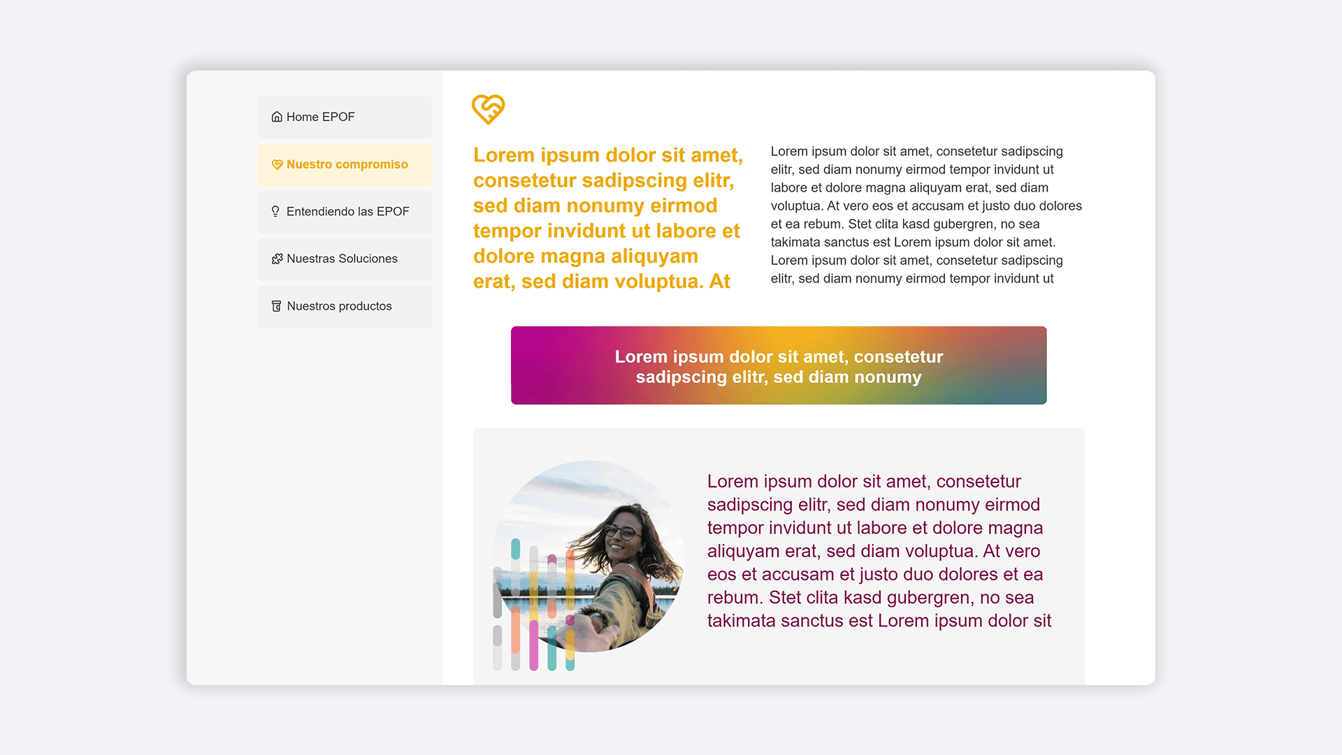 Interfaz web minimalista con menú lateral, banner degradado y diseño centrado en la experiencia de usuario.