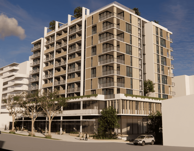 External render of 399 Montague Road, a multi-storey mixed-use development with ground-floor retail and modern apartments