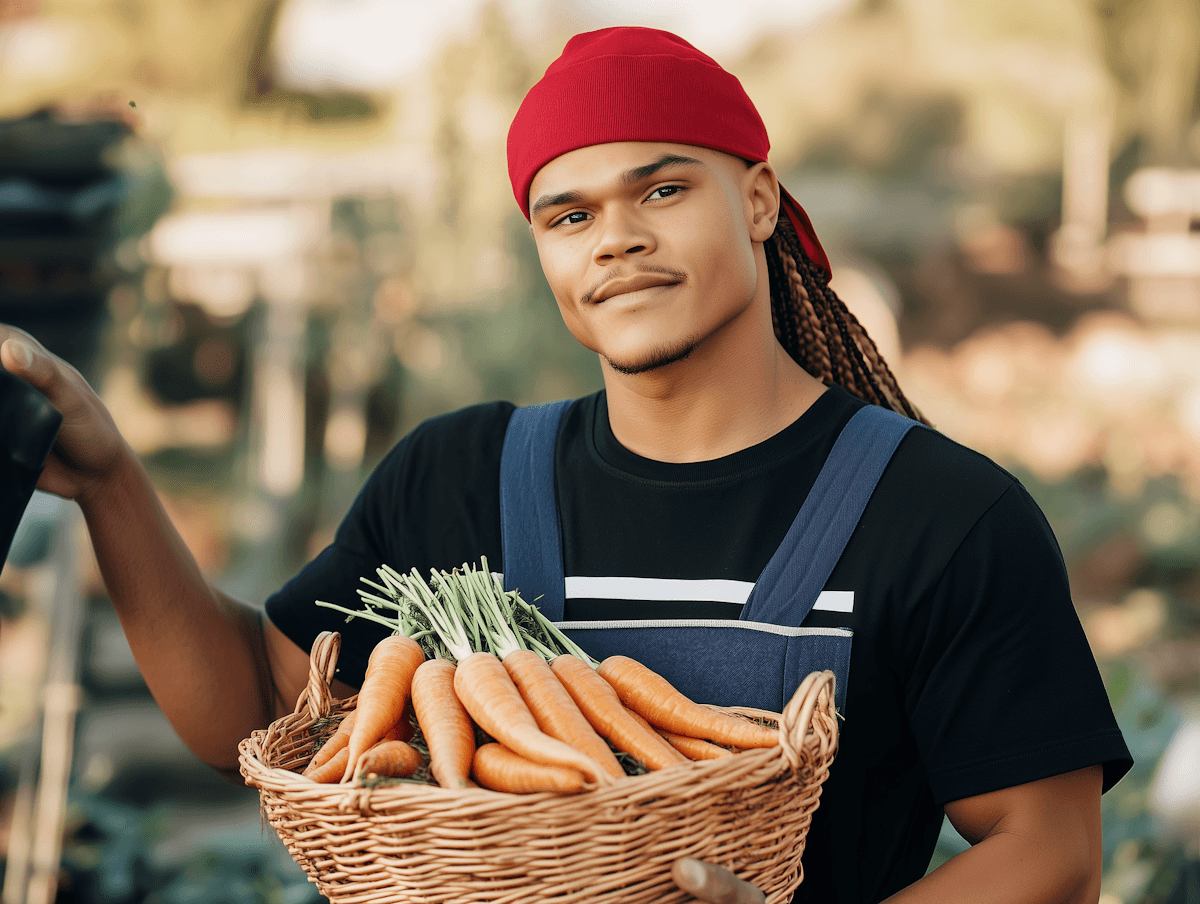 young man holding a basket of carrots