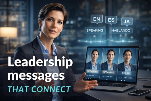 Pemimpin perusahaan menggunakan penerjemah video untuk menyampaikan pembaruan CEO multibahasa dalam versi Inggris, Spanyol, dan Jepang