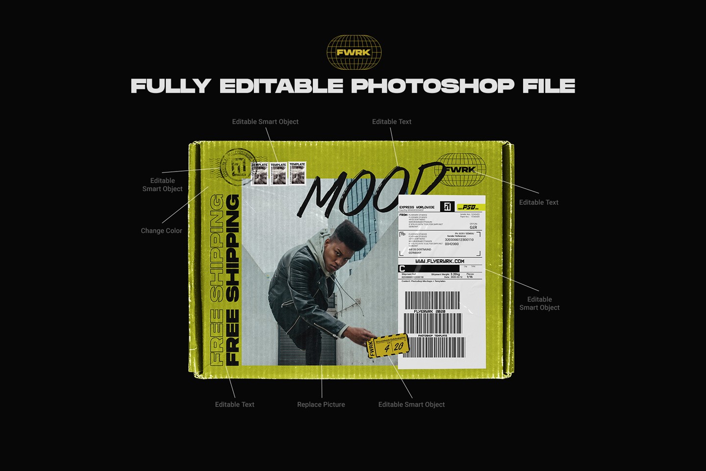 Carton box delivery mockups displayed on smartphone screens for social media marketing