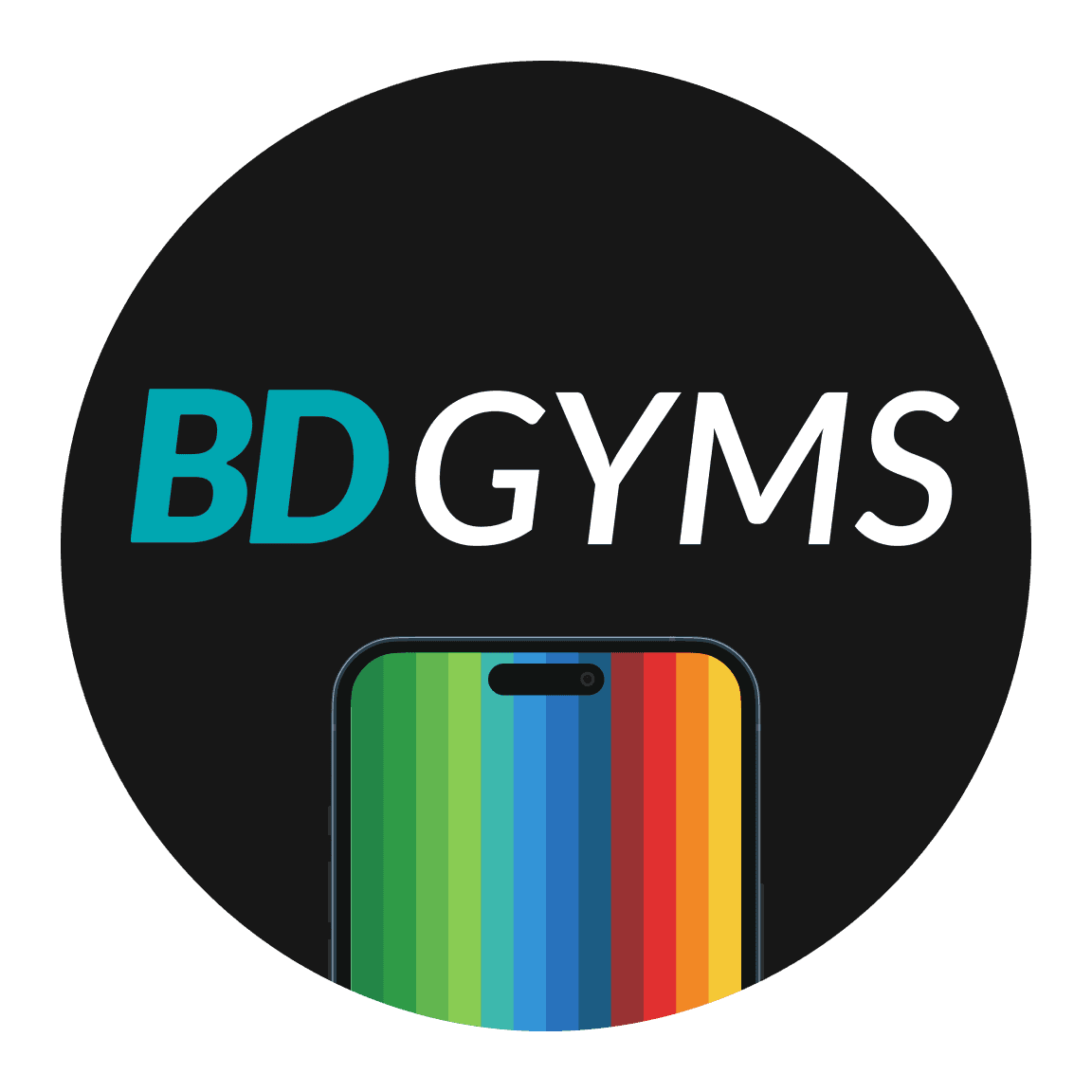 Logo of BDGYMS featuring the name in bold letters above a stylized gym bag icon with colorful stripes.