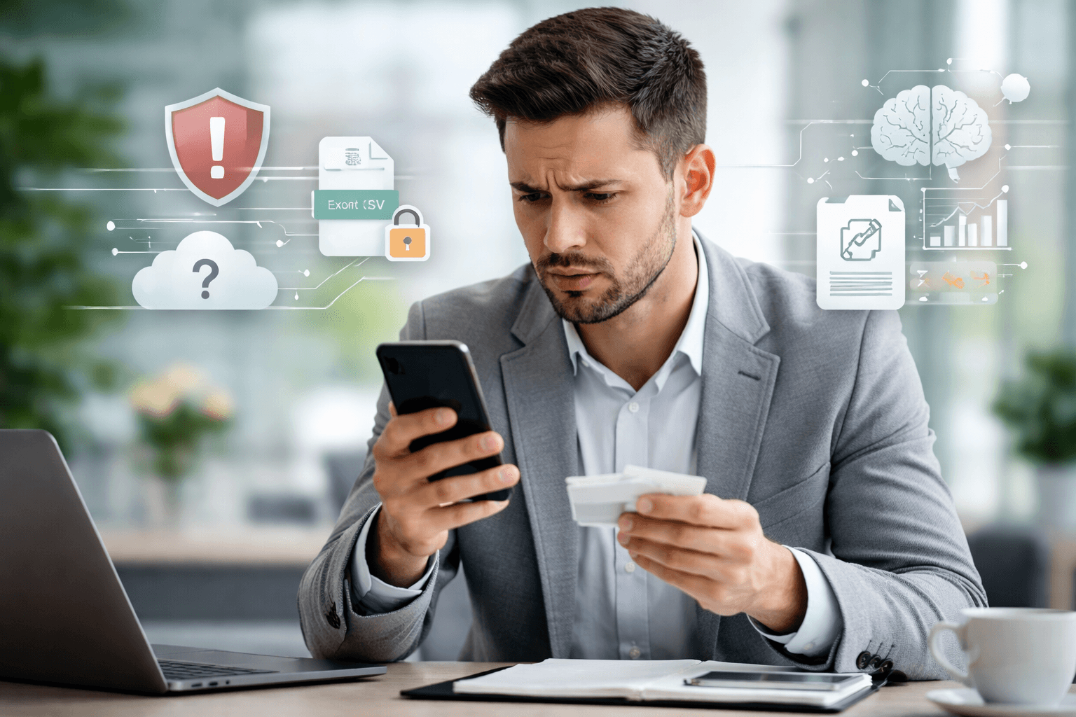 Person holding a business card and smartphone, looking stressed as contact data misused by a free business card app