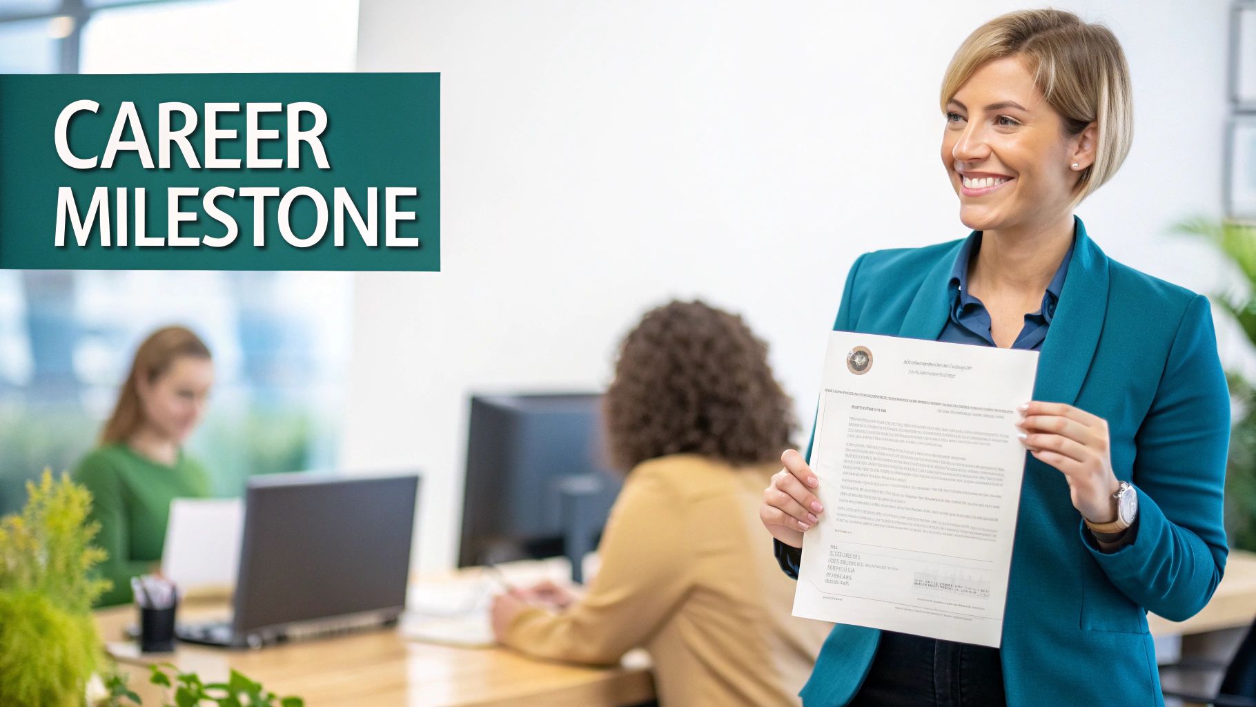 Smiling woman in office proudly holding a document with 'Career Milestone' text.