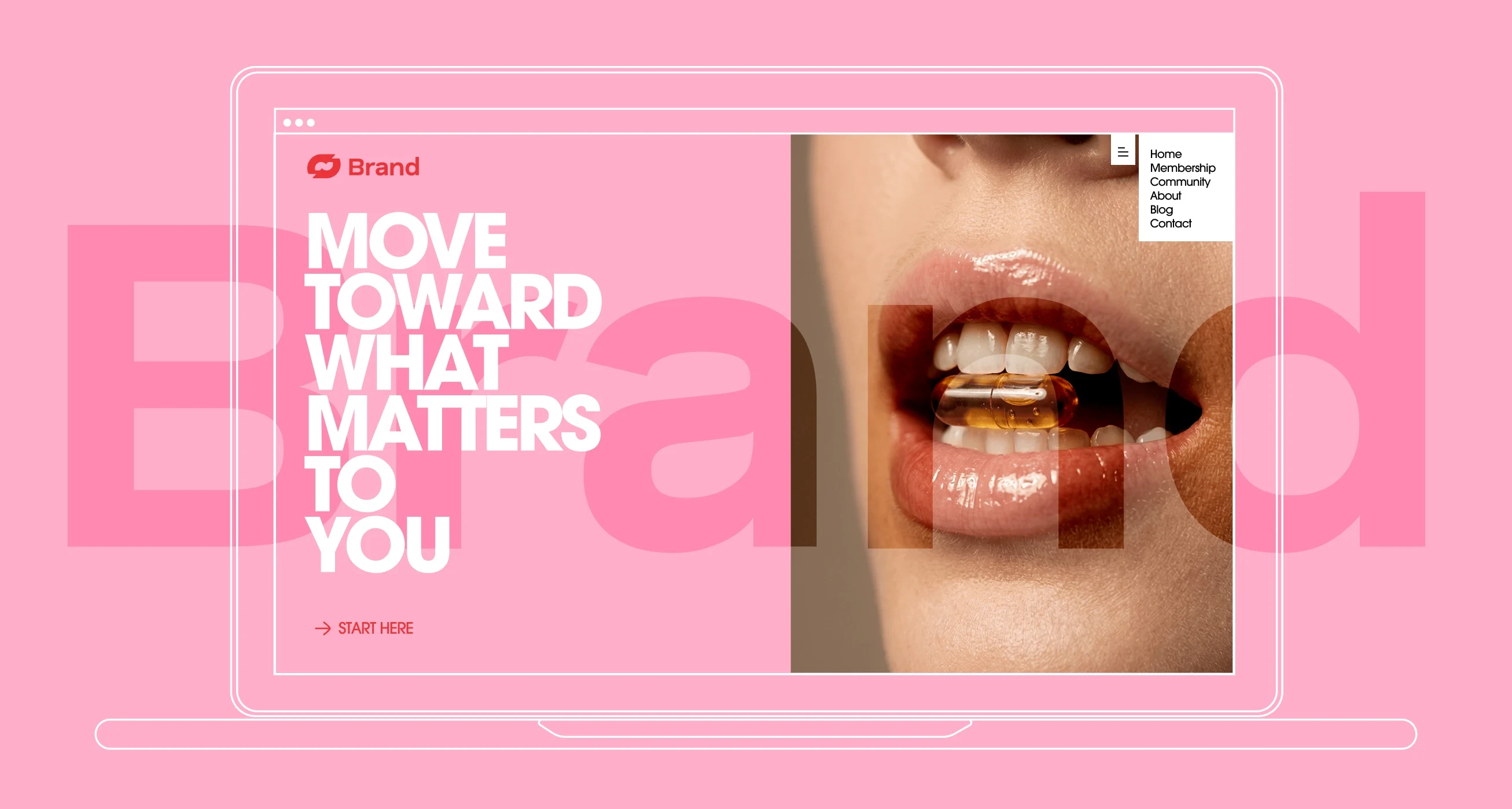 Laptop screen with bold text and a close-up of lips holding a pill.