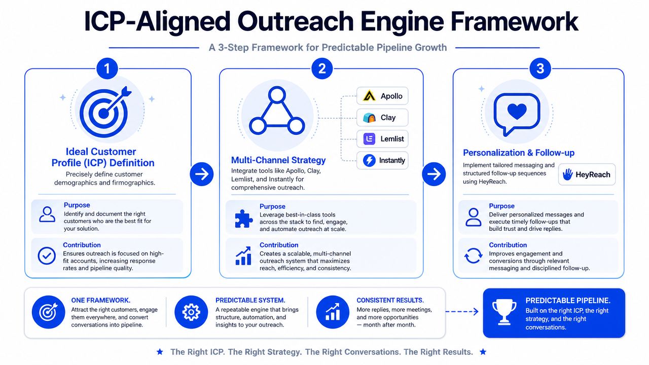 A 3-step diagram detailing the ICP-Aligned Outreach Engine Framework for building predictable sales pipeline growth.